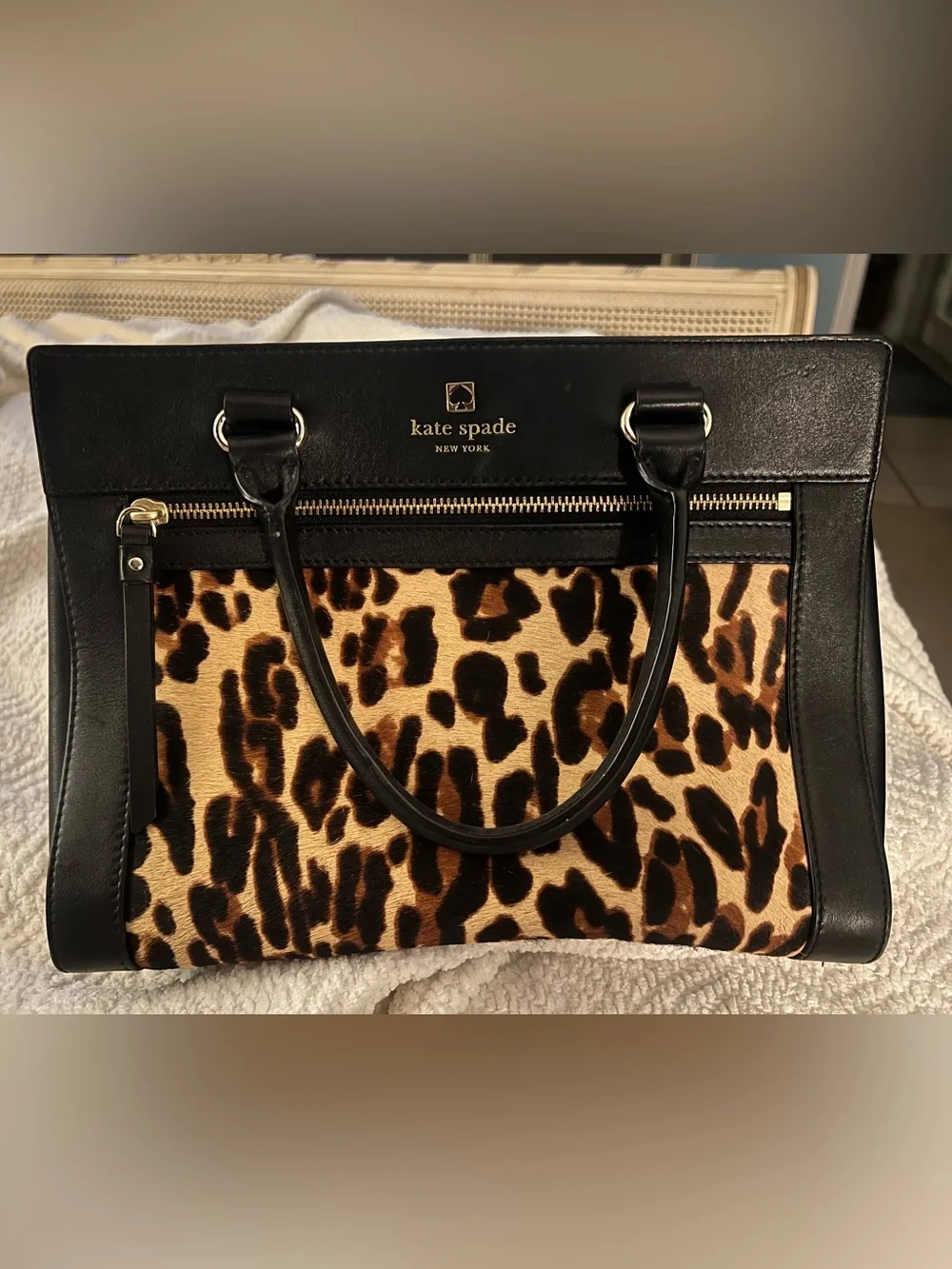 kate spade leopard print satchel in black and brown